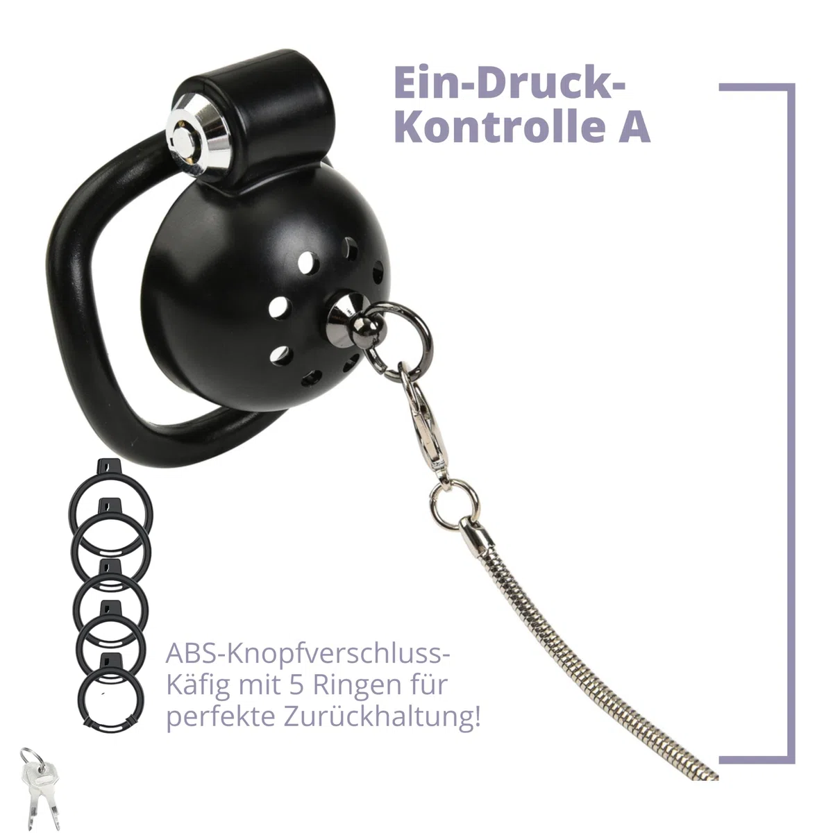 Fops Gabbia di Castità Piatta per Uomo in ABS – Small Chastity Cage con Chiusura Laterale, 5 Anelli (38-52mm) e Guinzaglio da 110cm per Bondage BDSM, Stretching Estremo e Controllo Totale N55