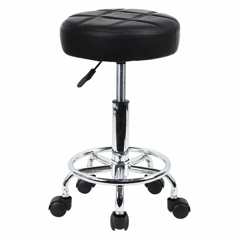 KKTONER Sgabello Rotondo con Ruote Regolabile, Sedia da Lavoro Imbottita con Cuscino in Pelle, Piccolo e Confortevole, per Casa, Parrucchiere, Ufficio, Studio Nero