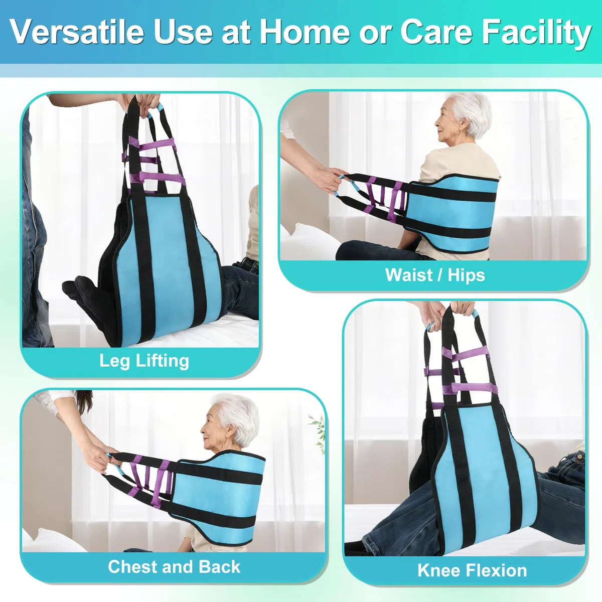 supregear Imbracatura di trasferimento imbottita 90 cm con 6 maniglie, Ausilio per riposizionamento anziani, girare a letto, alzarsi e supporto mobilità quotidiana, Aqua
