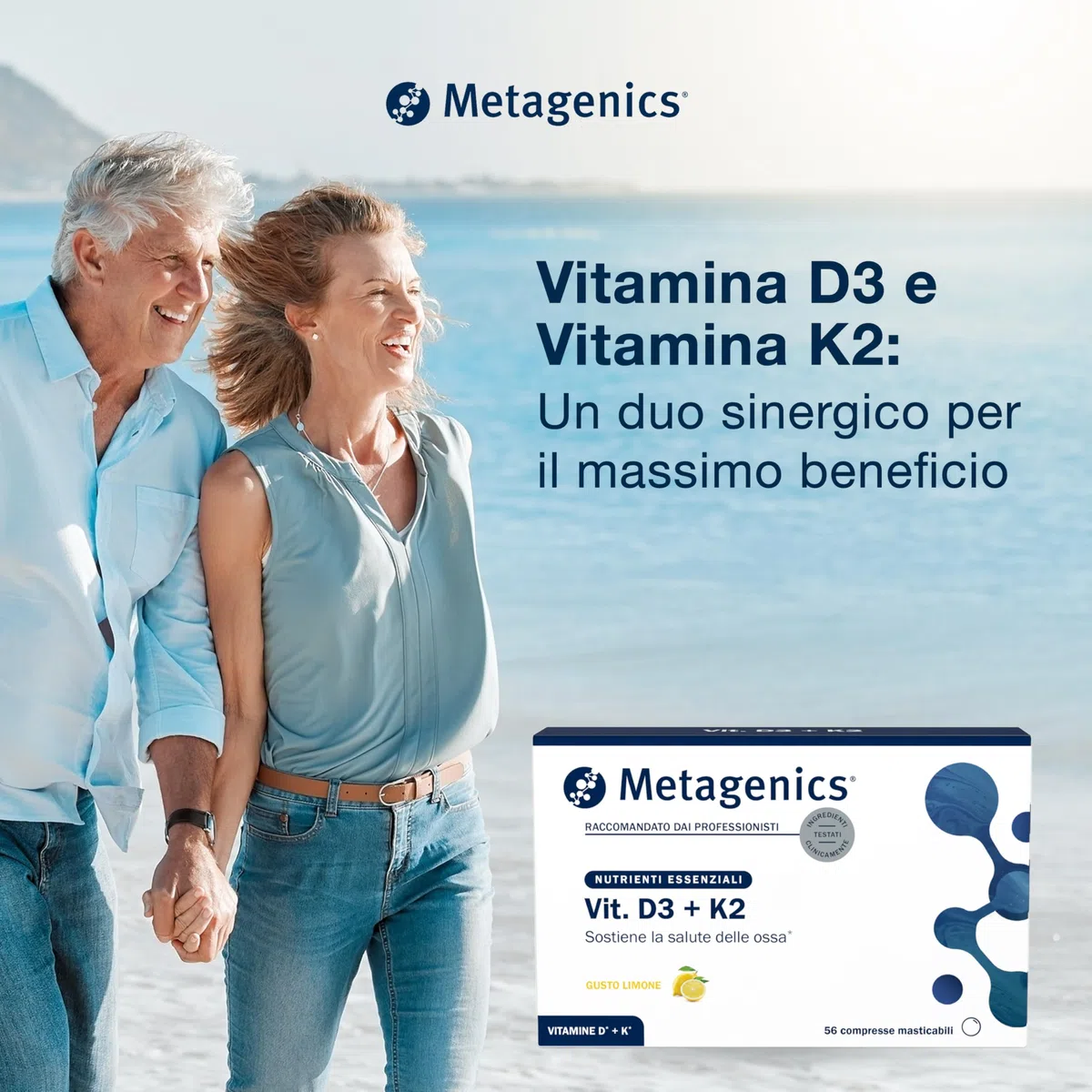 Metagenics Vitamina D3 + K2 - Sostiene la Salute delle Ossa - 56 Compresse Masticabili - Gusto Limone