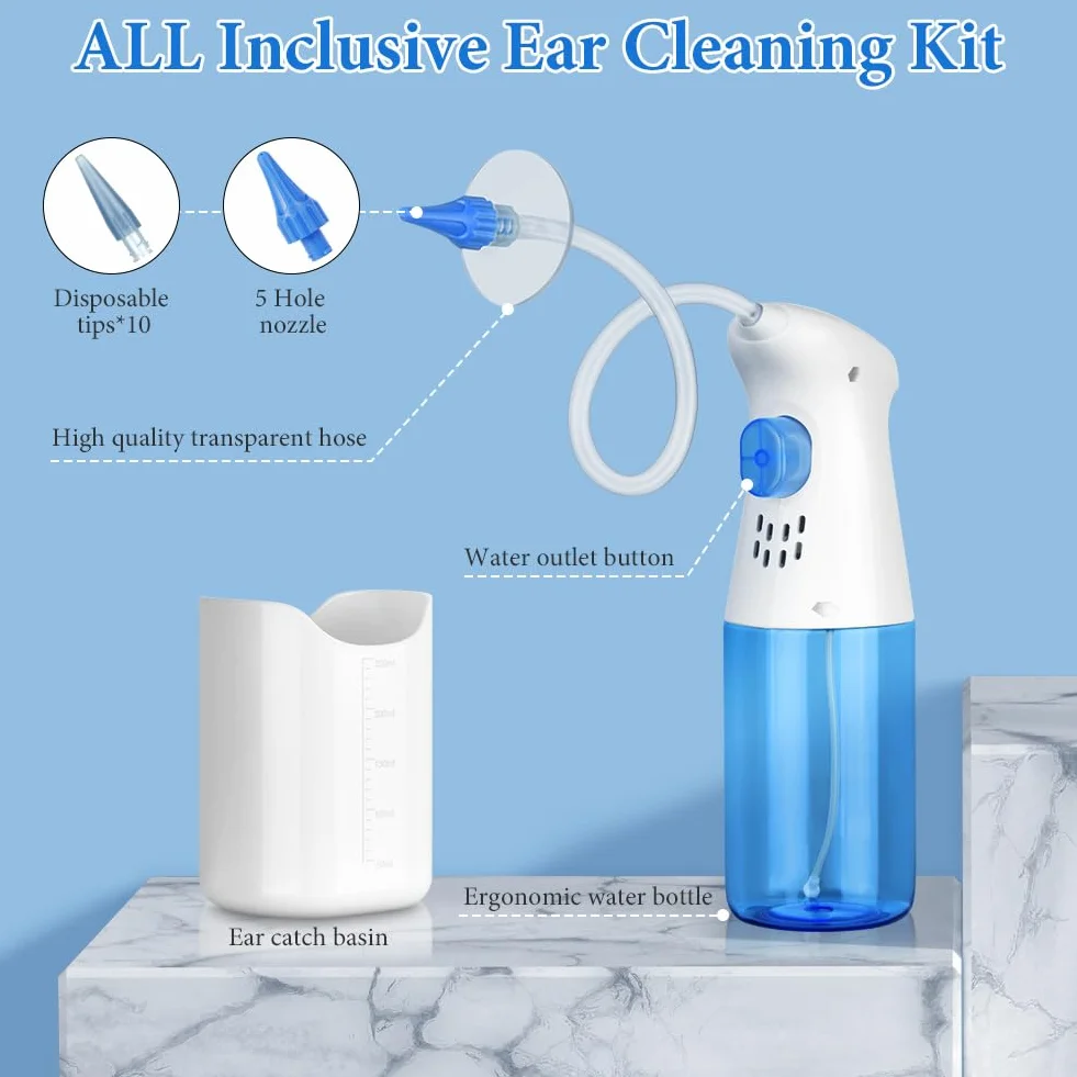 Pulitore Orecchie, Kit Pulizia Orecchie con 11 Ugello, Bacino Idrico, Pulitore per le Orecchie Sicuro ed Efficace, Sistema di Irrigazione Auricolare per Adulti e Bambini(Manuale)