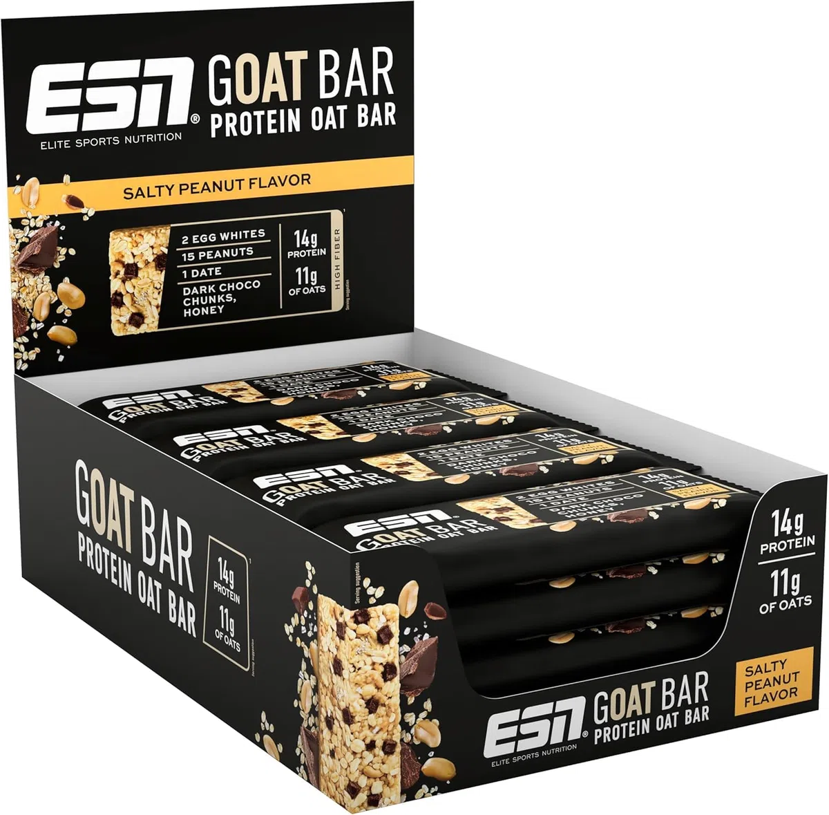 Barretta ESN GOAT, Salty Peanut, 12 x 55 g, barretta proteica all'avena, snack energetico ad alto contenuto di fibre, 14 g di proteine e 11 g di avena, dolcificata con datteri e miele