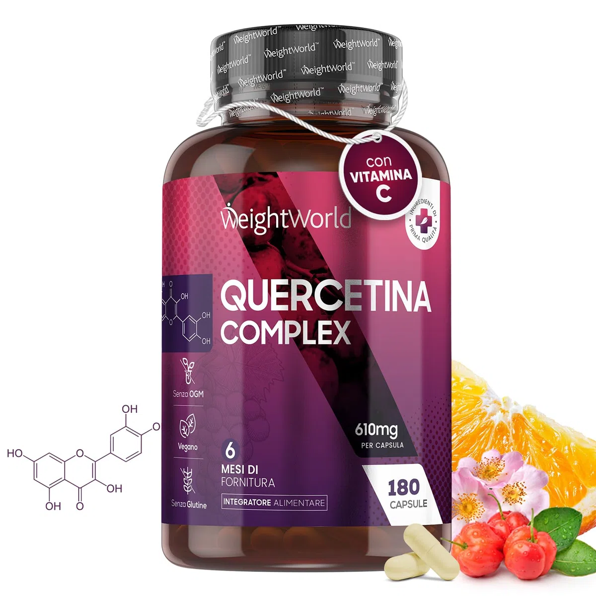 Quercetina 610mg, Quercetina Complex 180 Capsule Vegan (6 Mesi), Quercetina e Bromelina con Rosa Canina, Rutina, Bioflavonoidi - Vitamina C, Sistema Immunitario, Stress Ossidativo - Quercitina Complex