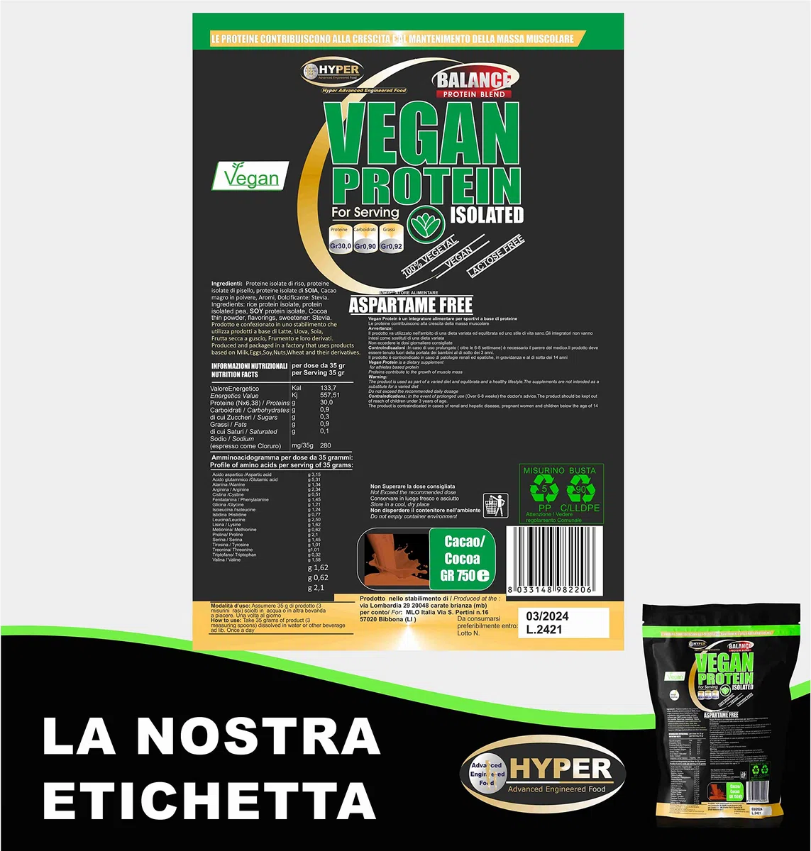 Hyper Vegan Protein Proteine Vegane da Fonti Vegetali (Proteine Isolate Soia Riso Pisello) Rilascio Graduale (gr 750 cacao)
