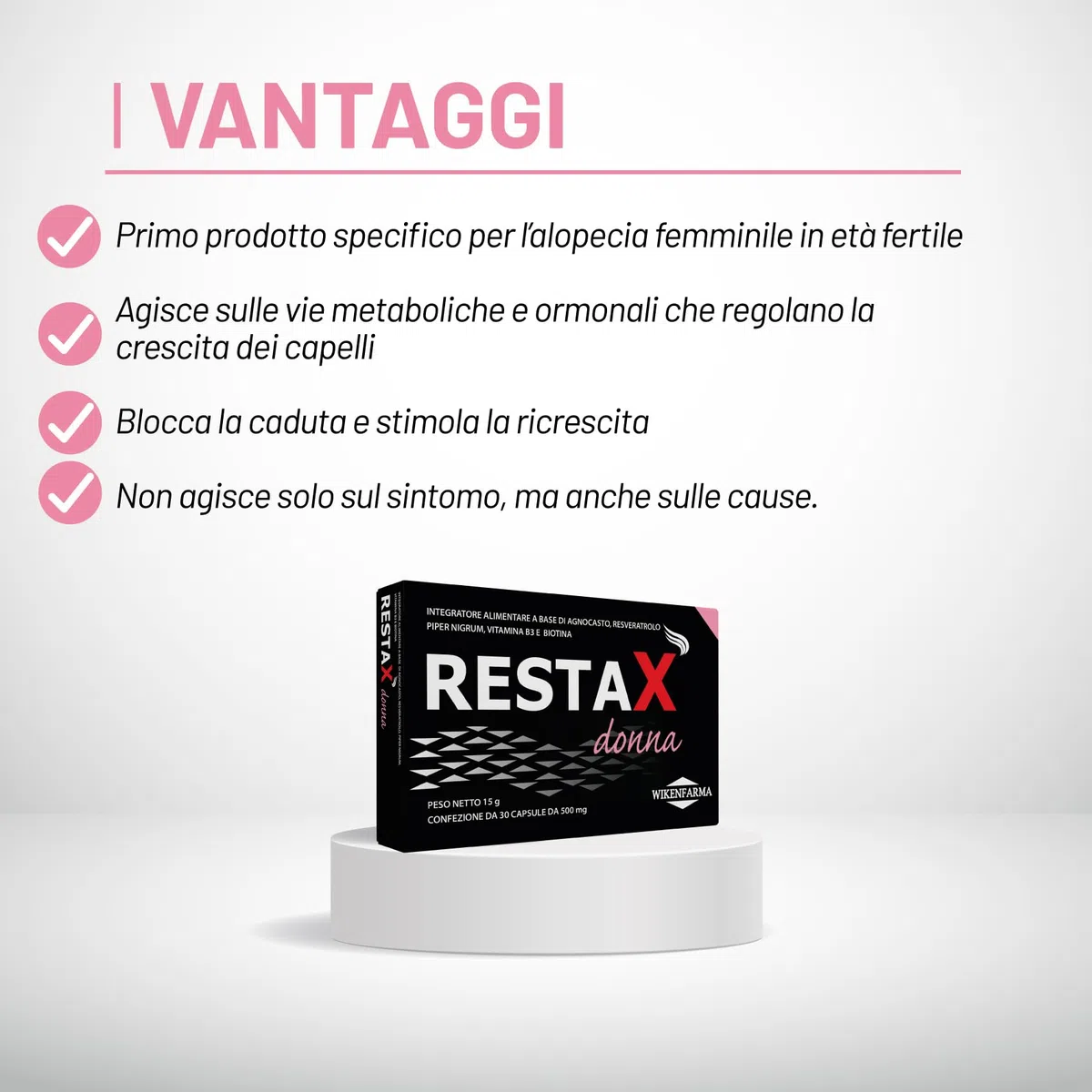 RestaX Donna integratore specifico per alopecia androgenetica femminile in età fertile con Agnocasto, Resveratrolo, Biotina. Con progestinico che riduce caduta e stimola la ricrescita nelle donne