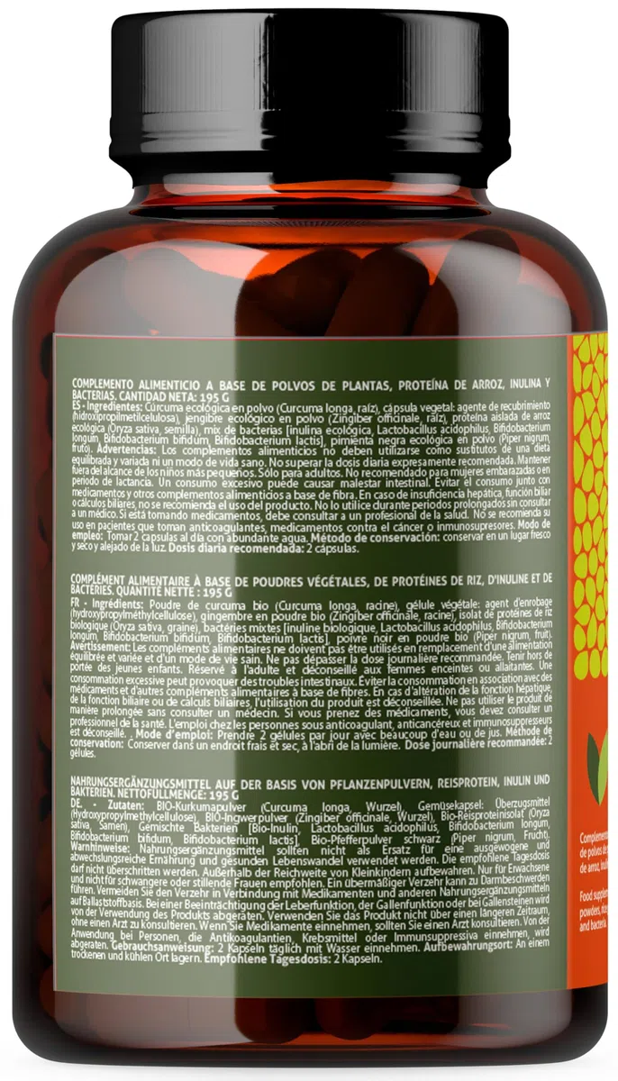 Curcuma BIO con Piperina e Zenzero – 250 Capsule (Scorta 4 Mesi) con Probiotici (200 milioni di UFC) e Prebiotici (Inulina Bio) – Curcumina e Piperina – VEGAGENO