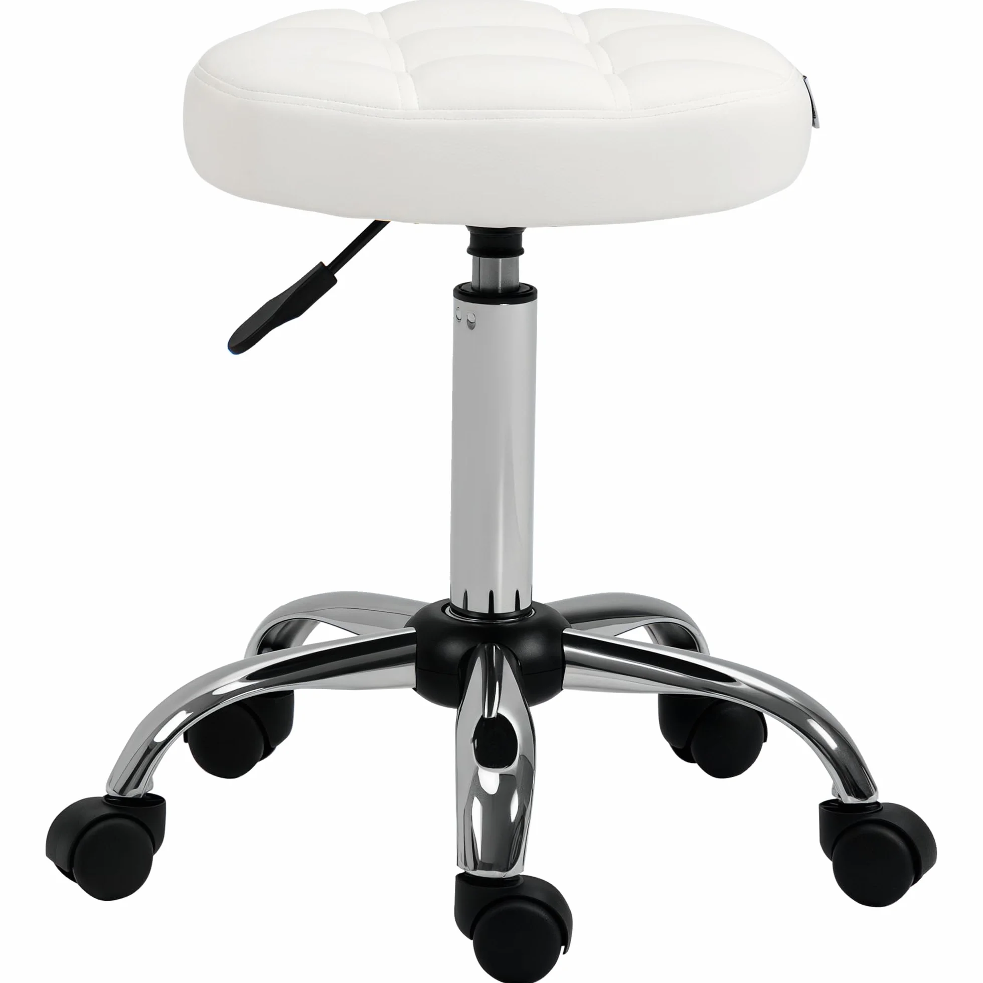 HOMCOM Sgabello Girevole con Ruote Rotondo, Sgabello per Parrucchiere ed Estetista con Altezza Regolabile, Imbottito in Finta Pelle, Bianco