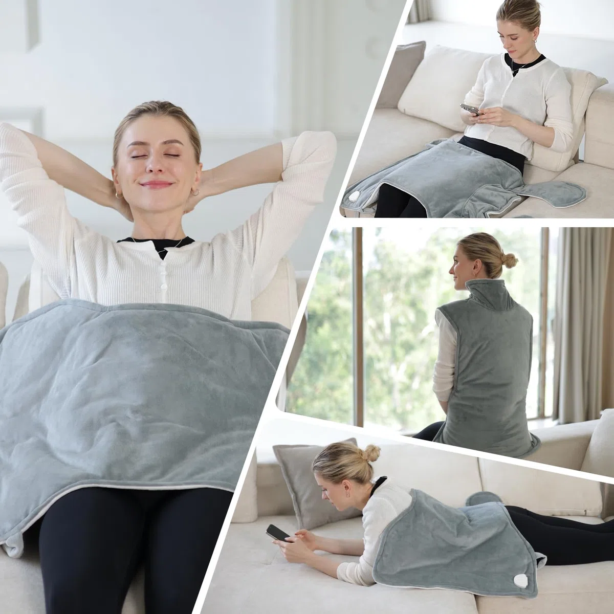 Termoforo Elettrico per Schiena Collo e Spalle,60x108cm Termoforo Cervicale 6 Livelli di Calore, Spegnimento Automatico, Morbido Cotone Cristallino, Lavabile in Macchina-Grigio