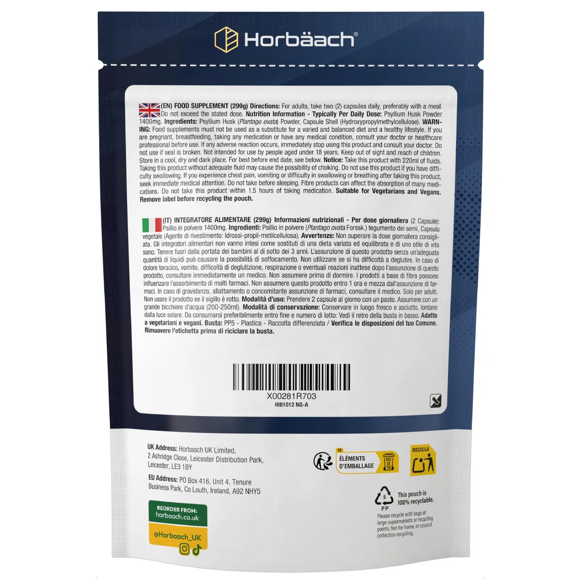 Psillio Capsule | 1400 mg | Buccia di Psillio in Polvere | Alto Dosaggio | 180 Capsule Vegane per 3 Mesi | Integratore di Fibre | Prebiotico Naturale | Psyllium Husk | Horbaach