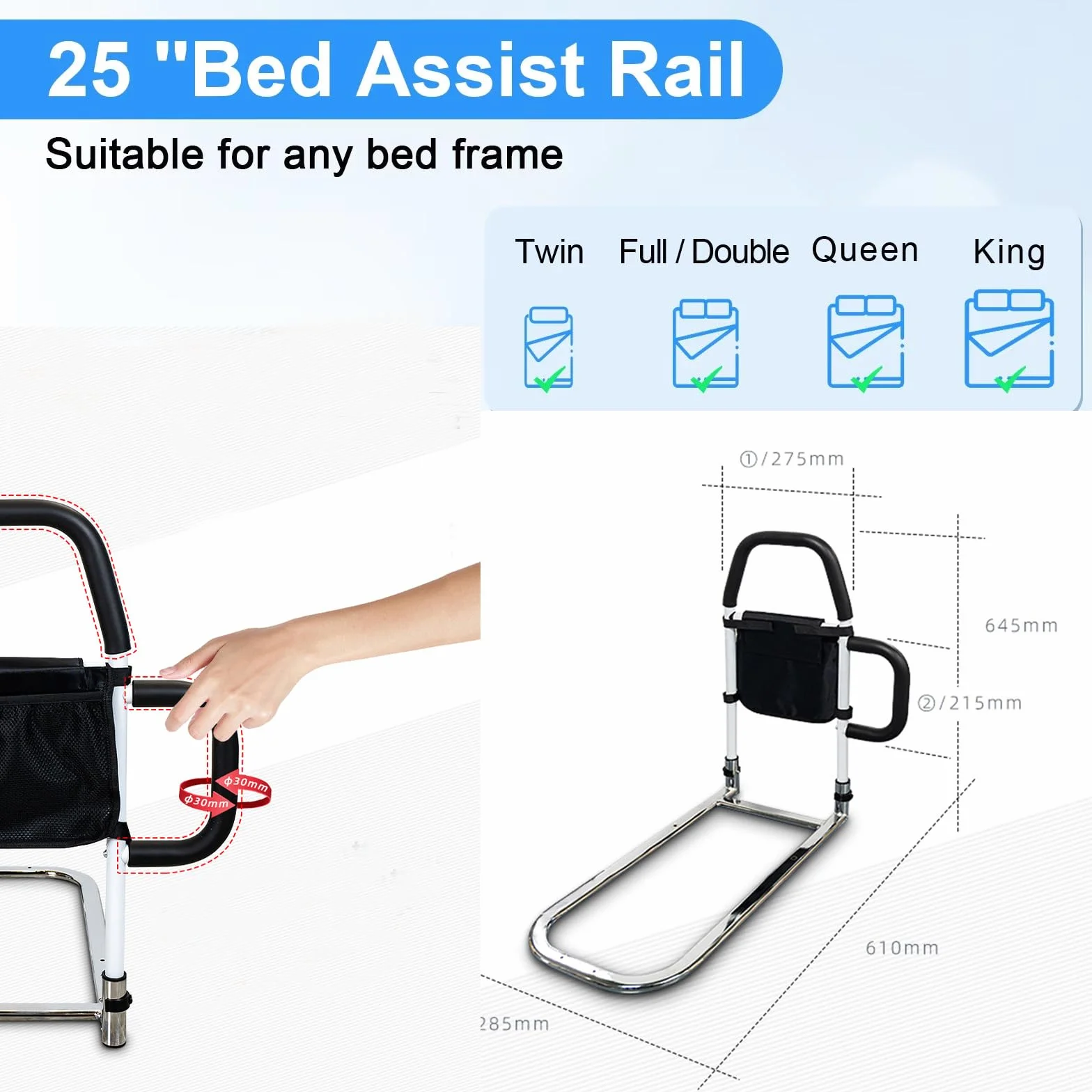 NEWFUN Sponda Letto Anziani, Sbarre Per Letto Anziani, Sponde Per Letto Anziani, Sbarra Letto Anziani, Con Corrimano Rimovibile e Rinforzato e Borsa di Stoccaggio, Sicura e Stabile