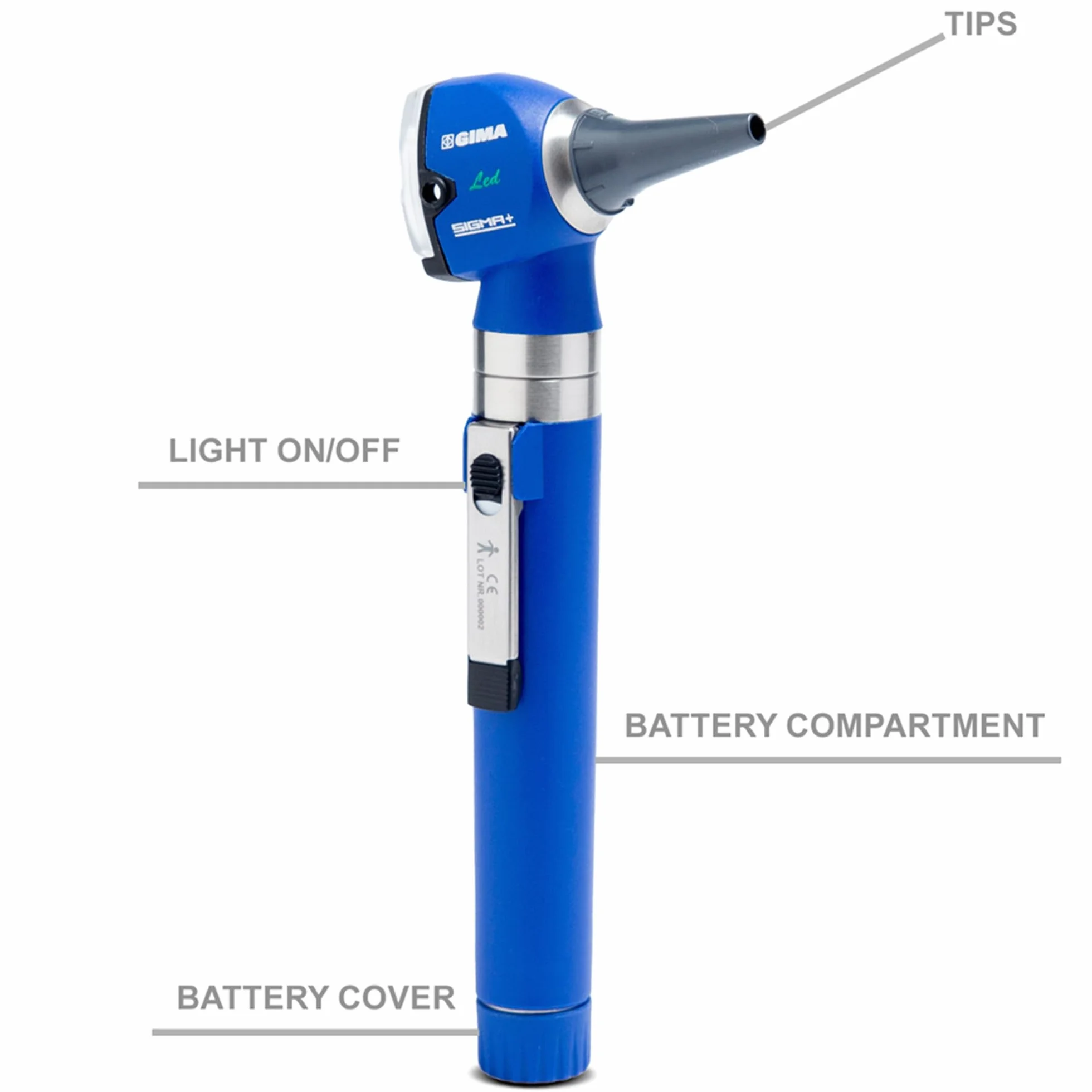GIMA Otoscopio Sigma con Luce Led, in Plastica Rinforzata Leggera e Resistente agli Urti e in Acciaio Inox, Blu