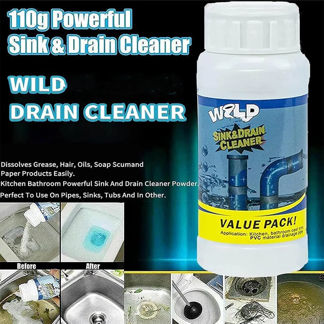 Wild - Detergente per lavelli e scarichi, Wild Powerful S-ink & D-rain, detergente per tubi W-ild, schiuma sbloccante S-ink, per cucina, bagno, WC, doccia, 3 pezzi
