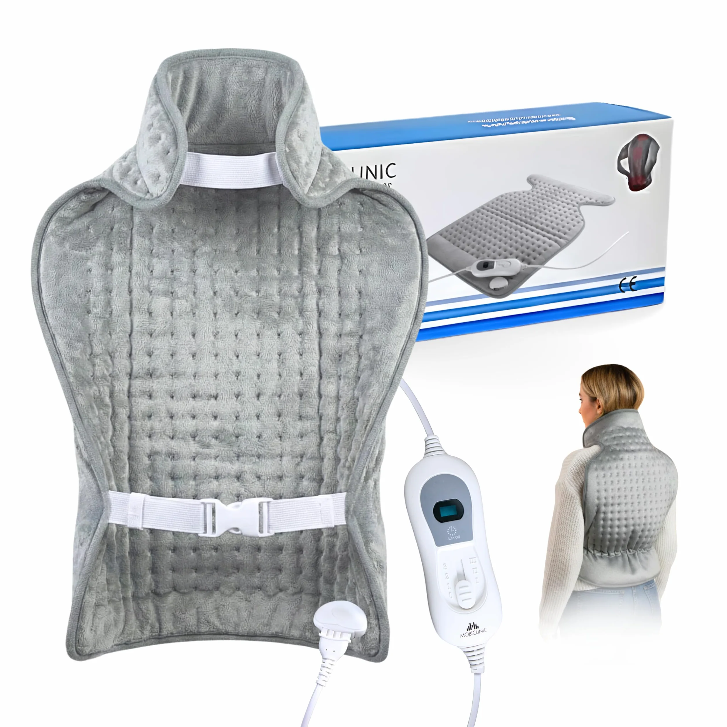 Mobiclinic®, Termoforo elettrico, Cuscino termico per collo e spalle, Basso consumo, 3 livelli di calore, Spegnimento automatico, Zona lombare cervicale, Lavabile, 62x43