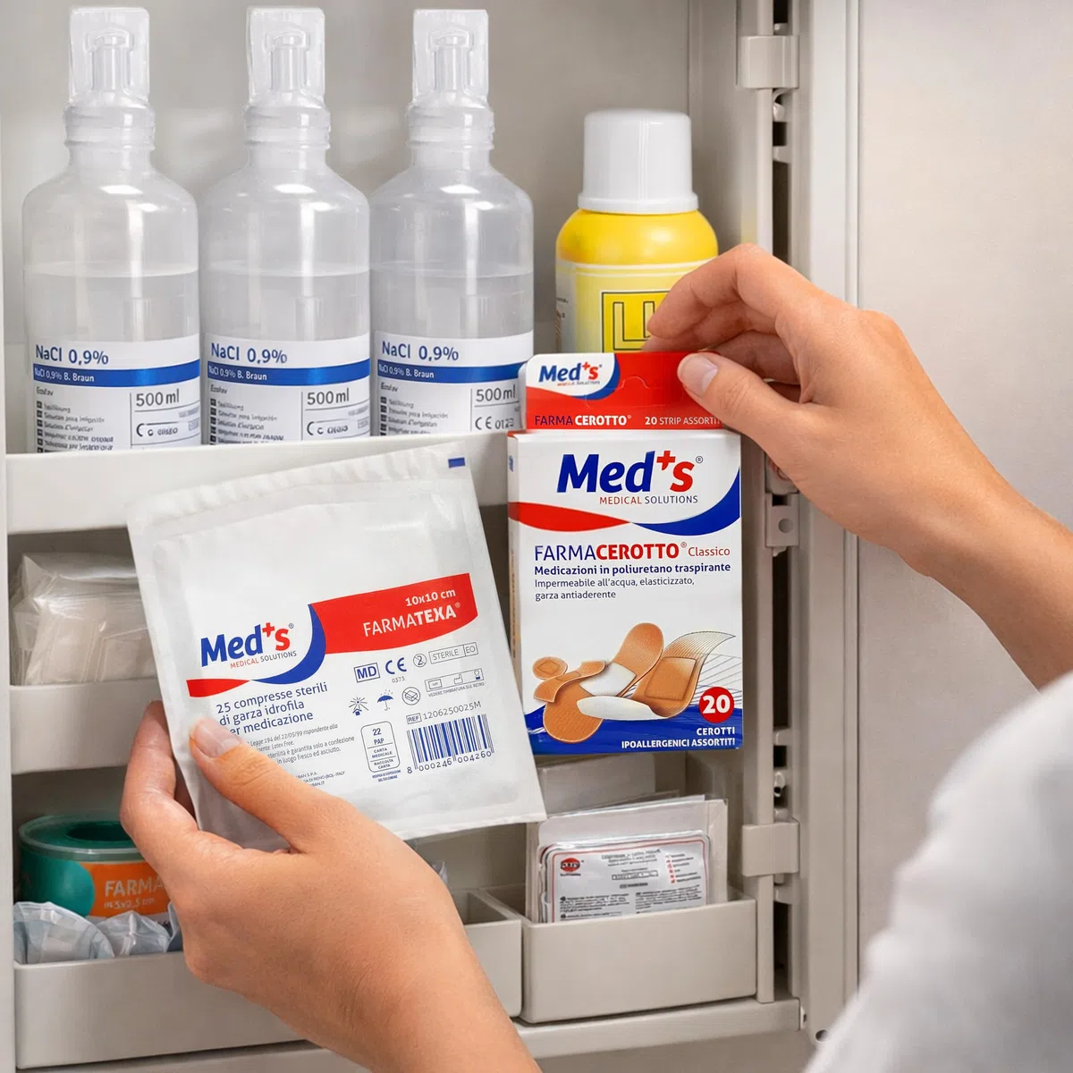KIT BASE per reintegro ALLEGATO 1 parziale, pacco di medicazione per cassette di Pronto soccorso, Armadietto aziende più 3 dipendenti