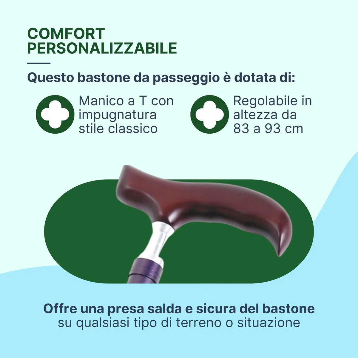 Bastone per Anziani Pieghevole in Alluminio Anodizzato con Impugnatura in Legno, Bastone da Passeggio Regolabile H. 83-93 cm - Nero