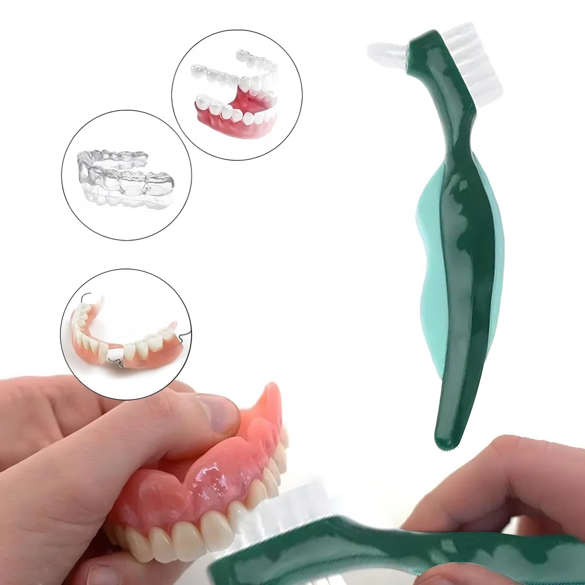 3pcs Spazzola Pulizia Dentiera, Spazzolino per Dentiera a Doppia Testa, Spazzole Protesi Dentale con Setole Multistrato, Spazzolino a Setole Dure per Denti Finti Ergonomico per Protesi Care