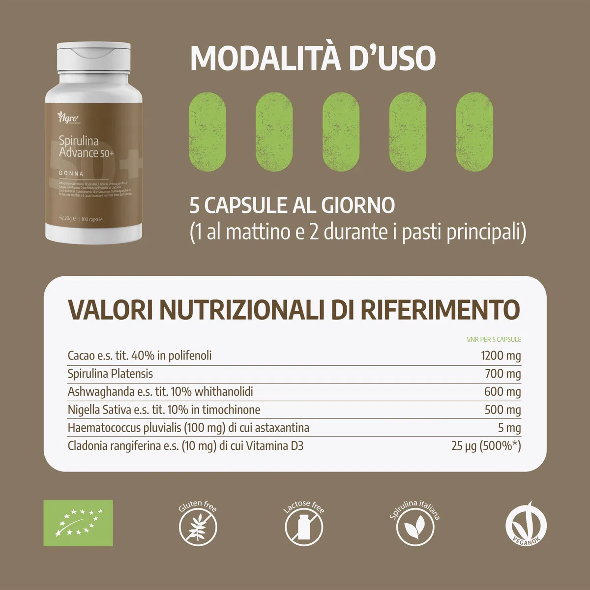 AGROINIZIATIVE ADVANCE DONNA 50+ con Spirulina Bio, Ashwagandha, Astaxantina, Vitamina D3 e Nigella Sativa, Formula Completa per il Benessere Femminile, Prodotto in Italia