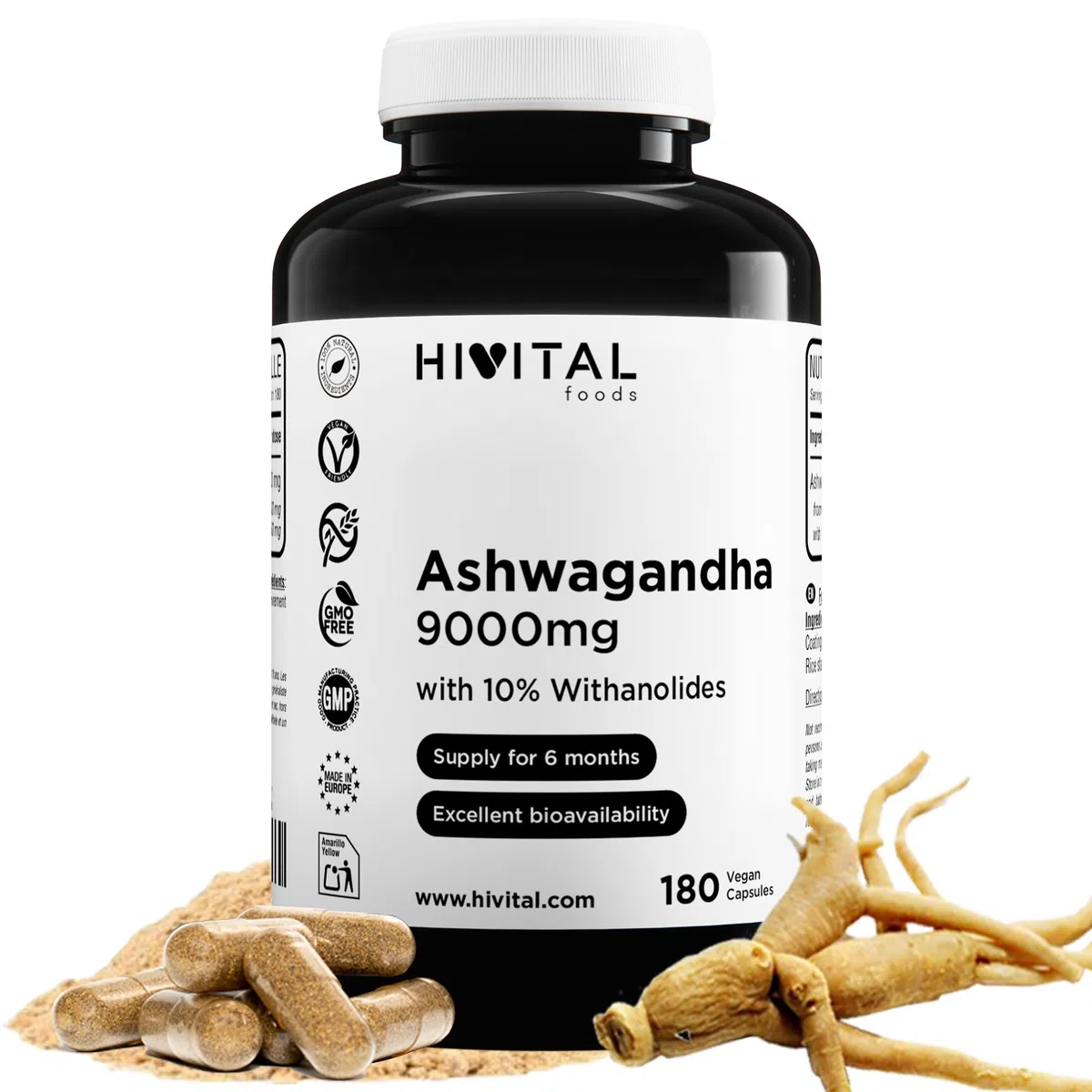 Ashwagandha 9000 mg. 180 capsule vegane per 6 mesi di trattamento. Estratto Naturale di Withania Somnifera con il 10% di Withanolidi. Estratto di massimo assorbimento. Ginseng Indiano. Da HIVITAL