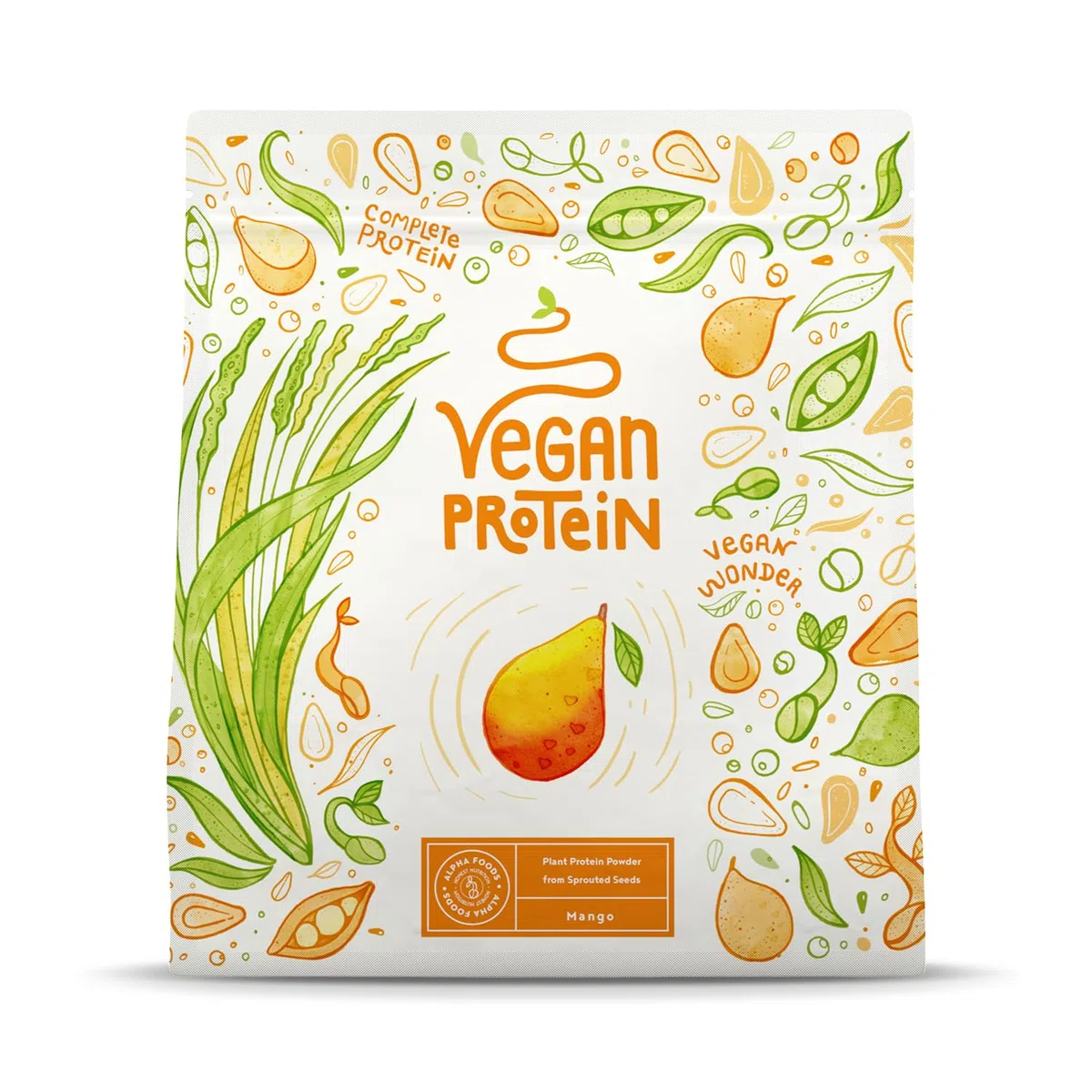 Proteine in Polvere Vegane | Gusto Mango | 21g Proteine Vegetali Isolate in Polvere di Pisello e Riso | Massa Muscolare | 600g Vegan Protein Powder | Alpha Foods