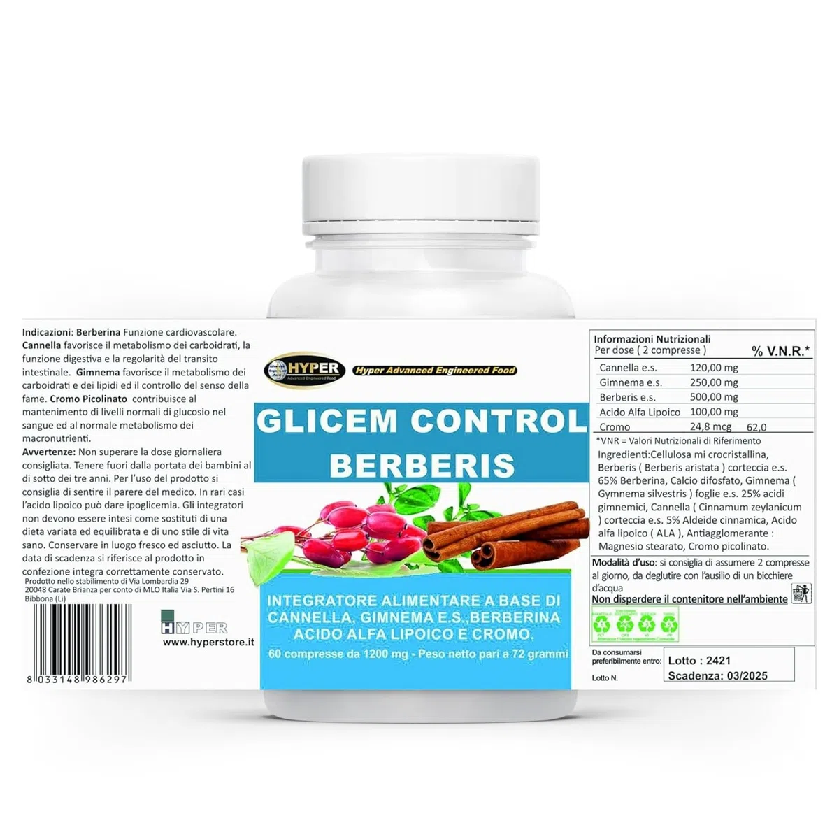 Hyper Glicem Control Berberis 60 Cpr - Integratori per Glicemia con Berberina, Gymnema, Cannella, Acido Alfa Lipoico e Cromo Picolinato - Metabolismo dei Carboidrati - Made in Italy