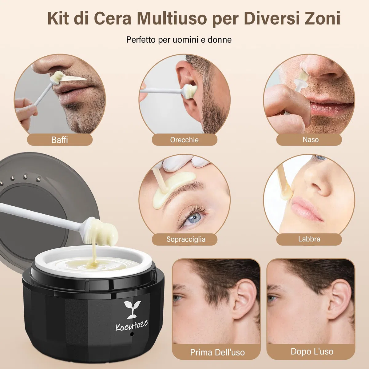 Kit di ceretta Naso per Uomini e Donne – Ceretta Viso con 100g Perle di Cera, 5 Bastoncini Naso & Orecchie, 10 Mascherine Baffi, Mini Scaldacera Elettrico con USB togli peli naso