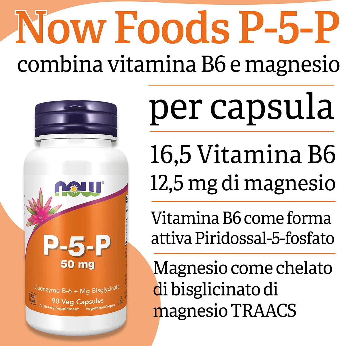 Now Foods P-5-P, Piridossal-5-Fosfato, vitamina B6 attiva, 90 capsule Vegane, Testate in Laboratorio, Senza Glutine, Senza Soia, Vegetariane, Non OGM