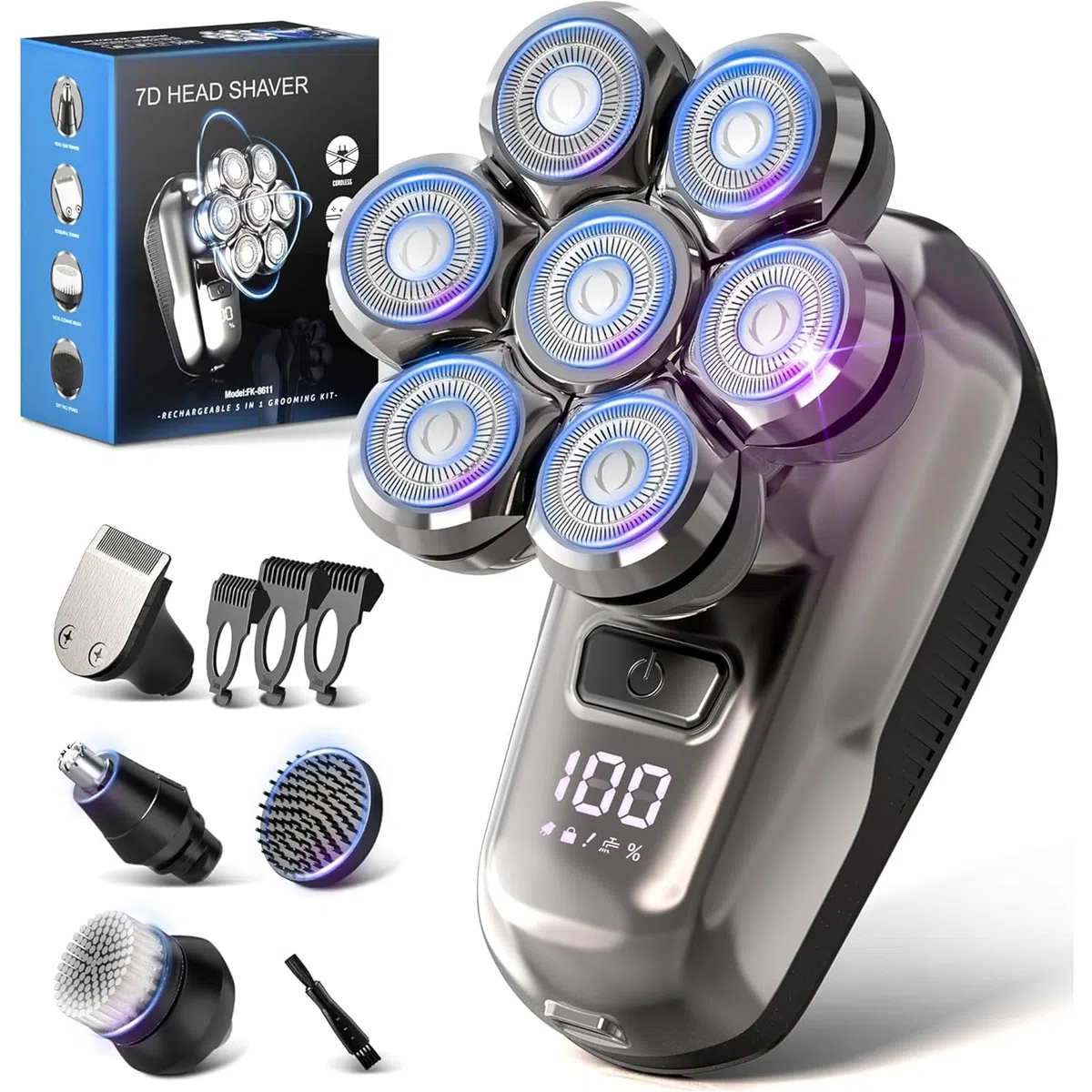Rasoio Testa Calva Uomo, 7D Rasoio Elettrico Barba, Fluttuante Cordless con Rasoio Testa Magnetiche, Kit Tagliacapelli Uomo Testa Calva IPX7 Impermeabile, per Capelli Barba Naso e Viso Pulito