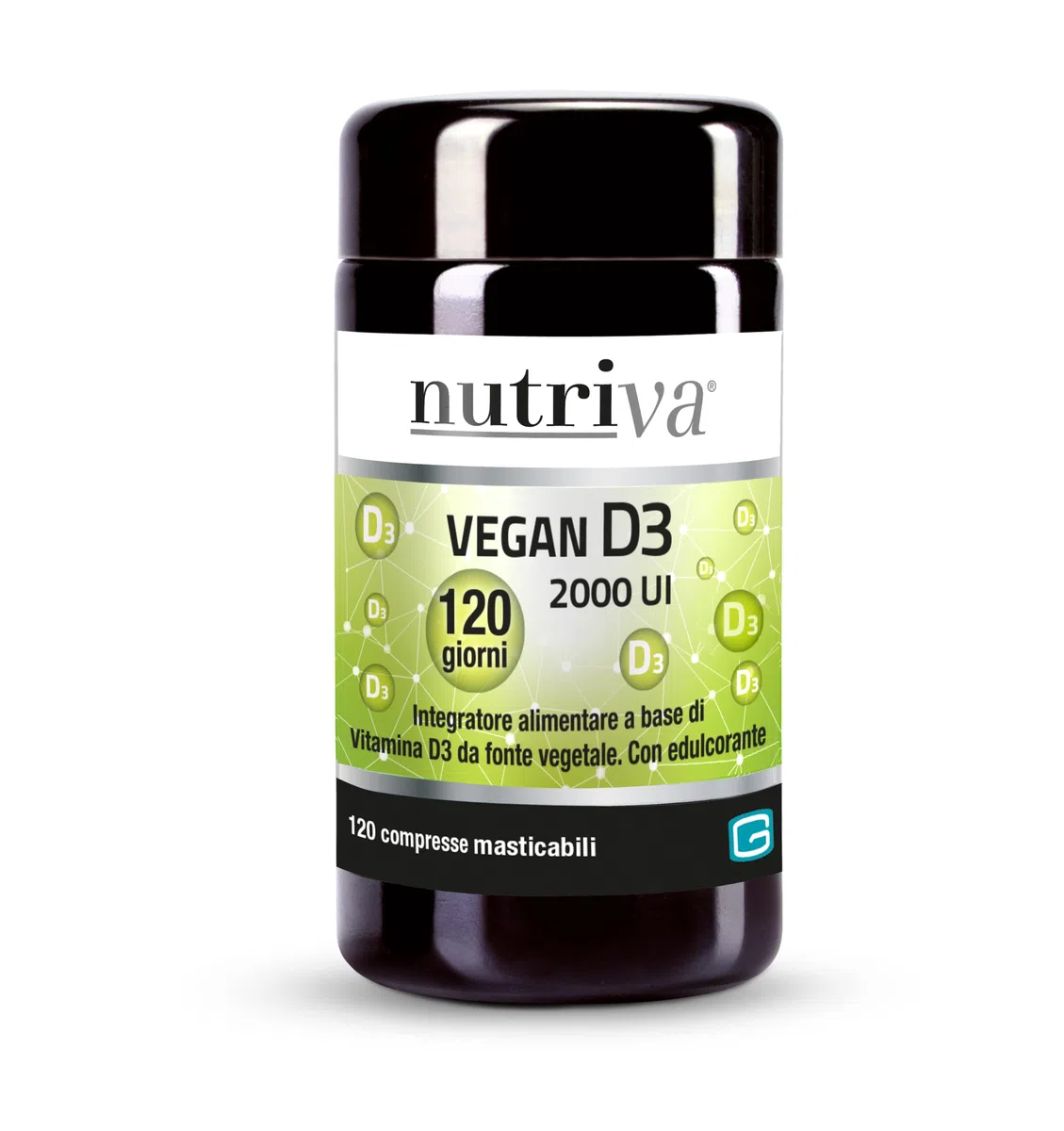NUTRIVA Vegan D3, Integratore Alimentare a Base di Vitamina D3, Ideale per le Ossa e per il Supporto del Sistema Immunitario, Naturale, Privo di OGM, Glutine e Allergeni - 120 Compresse Masticabili