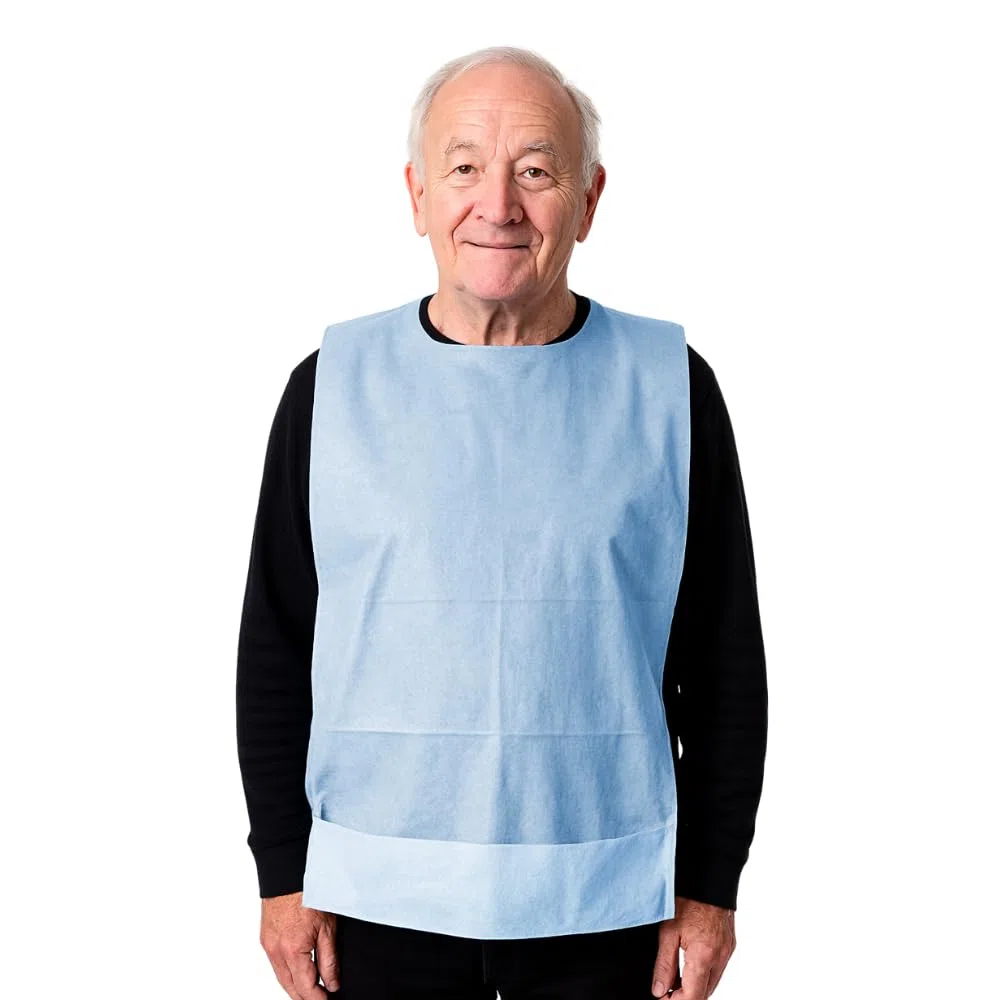 VIRSUS 300 Bavagli monouso impermeabili per Adulti e Anziani, misura 37x68 cm di colore azzurro, in polietilene e cellulosa con colletto anti-strappo rinforzato e tasca raccogli cibo