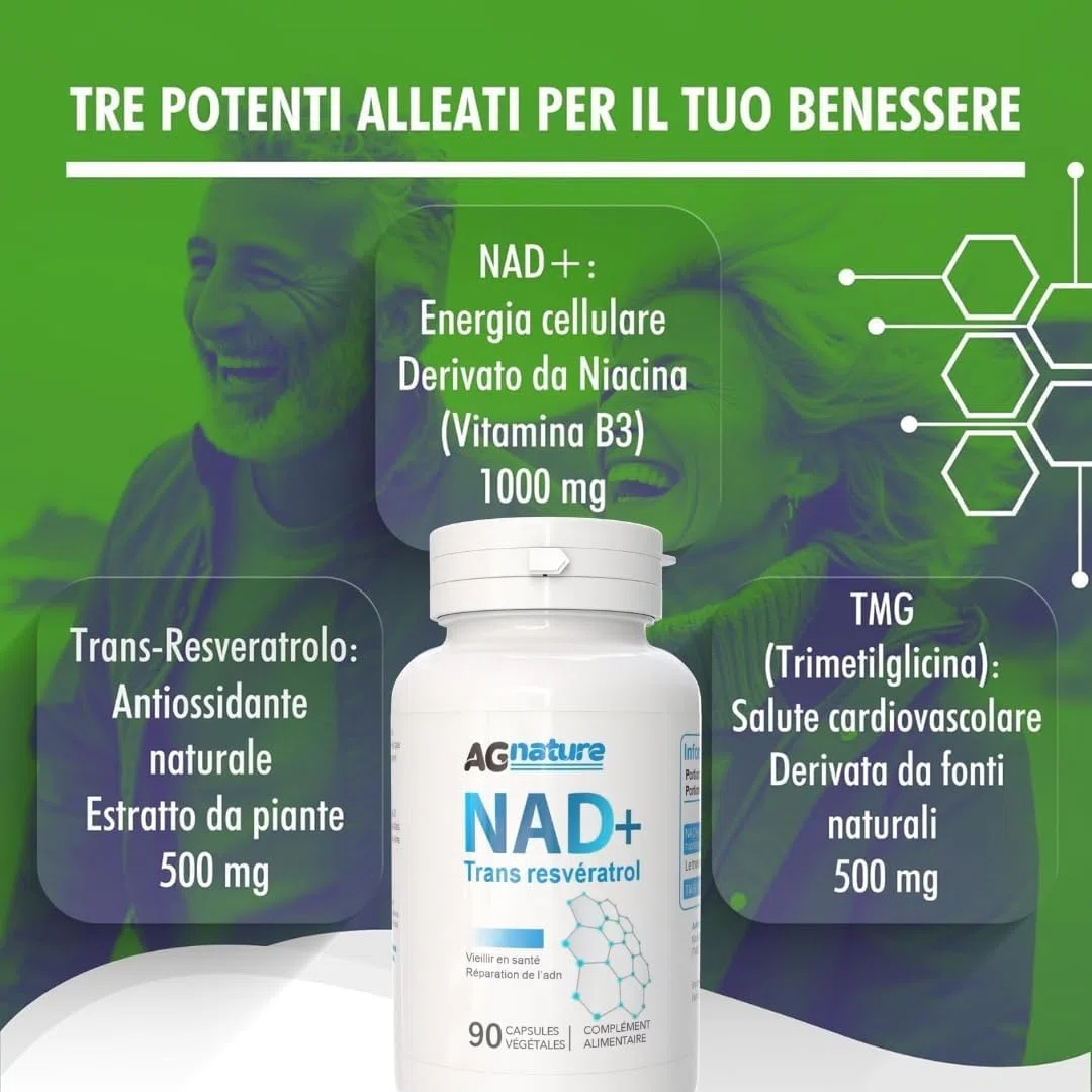 NAD Resveratrolo 1000mg 90Cps Integratore Nicotinamide Puro - Complex Anti-Età e Anti-Fatica con Niacina, Trans Resveratrolo e Trimetilglicina