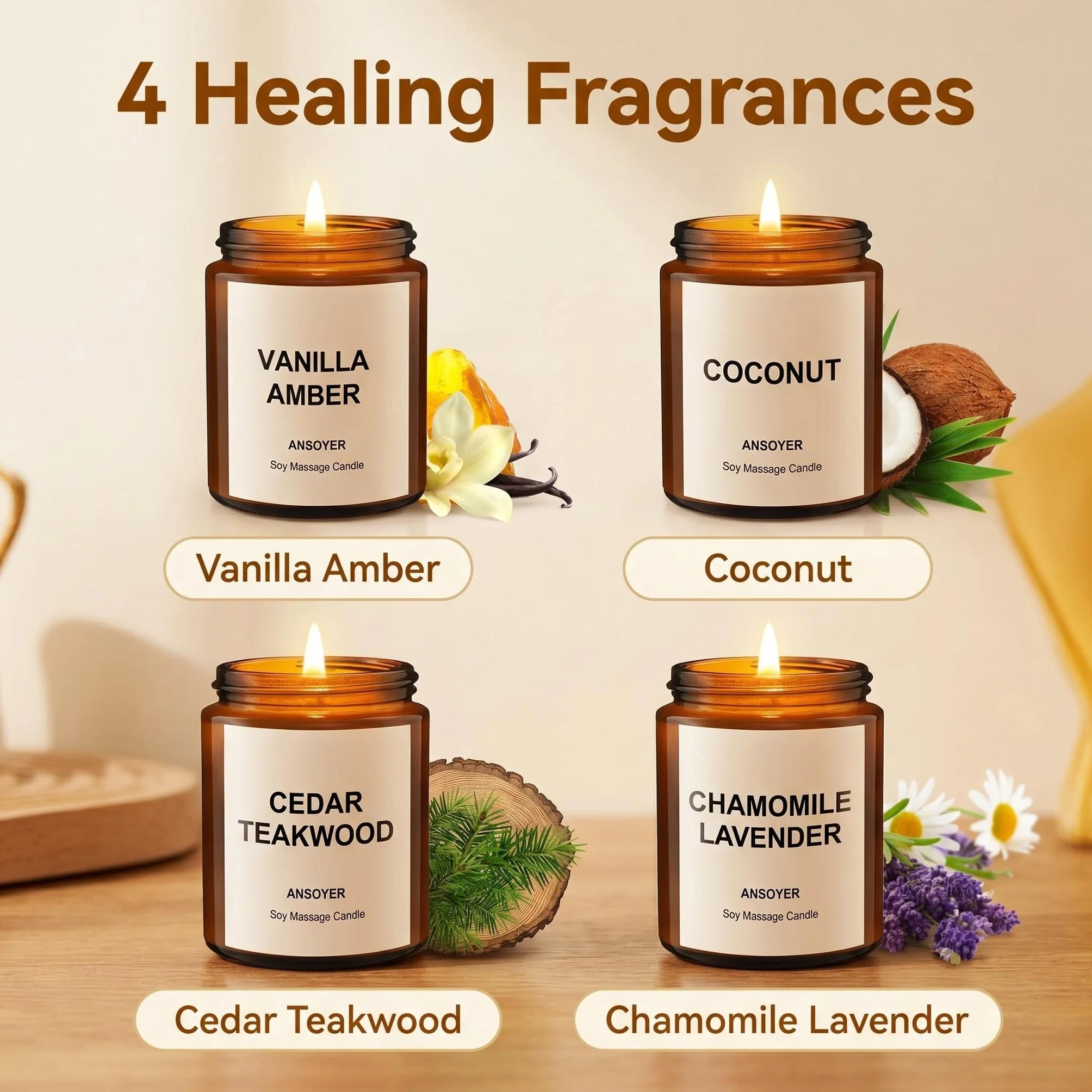 4 Pezzi Candela da massaggio - Set Regalo con 4 Candele da 128g per Massaggi, Aromaterapia e Relax - Olio Idratante, Fragranze Delicate (Vaniglia Ambra + Cocco + Cedro Teak + Camomilla Lavanda)