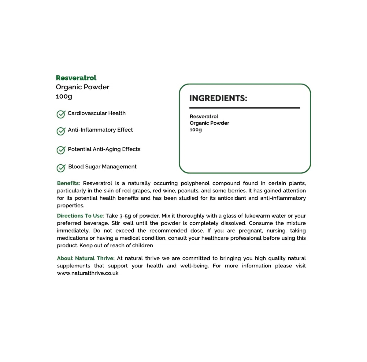 Polvere di estratto di resveratrolo biologico, antiossidante puro e supporto cardiovascolare, vegano, senza glutine, non OGM, 100 g