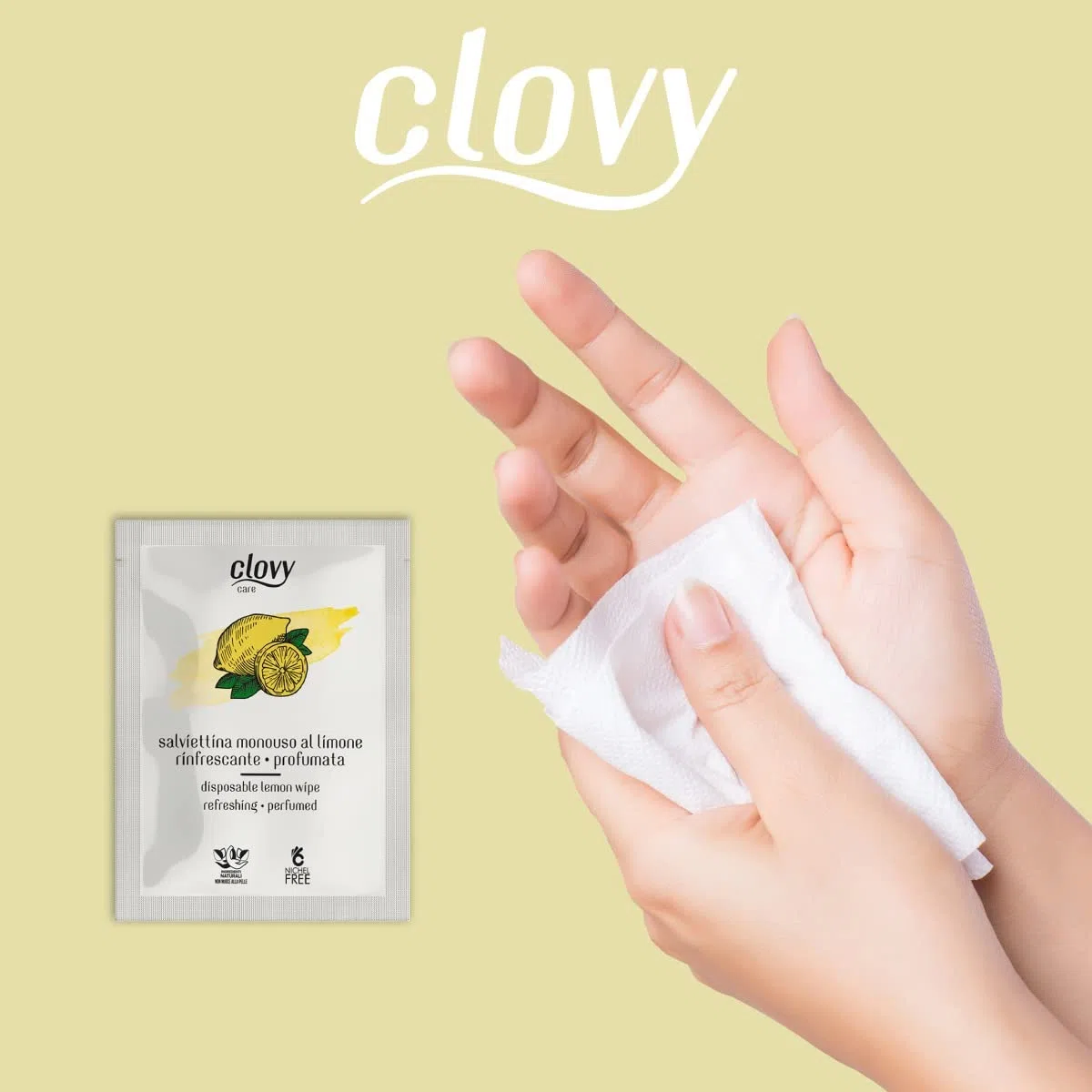 Clovy Care. 200 Salviette monouso rinfrescanti e profumate al limone dimensione 23,5x16 imbevute con soluzione a base di ingredienti naturali nichel free.