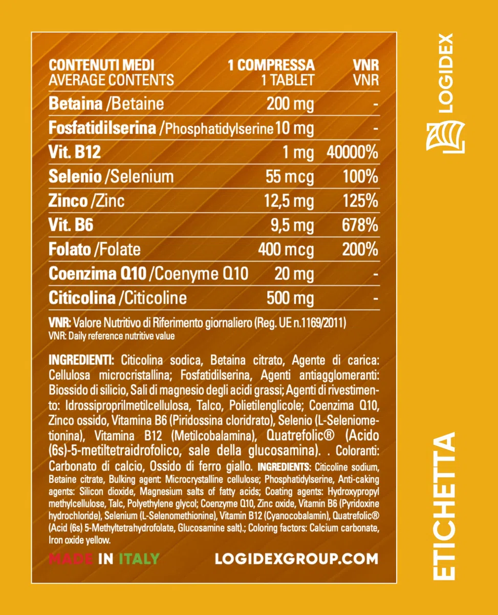 Betafolic Age - Integratore Vitamina B6 e B12, per Stanchezza, Memoria e Concentrazione, con B-Complex, Acido Folico, Citicolina e Q10 – 30 Compresse – Made in Italy Logidex