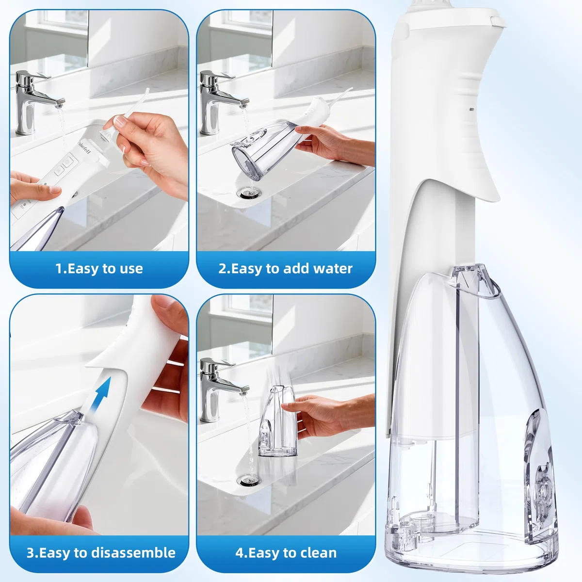 Idropulsore Dentale Portatile Ricaricabile, 300 ML Water Flosser Senza Fino a USB con 4 Gettoni e 4 Modalità, Impermeabile IPX7 per Casa e Viaggio (Bianco)
