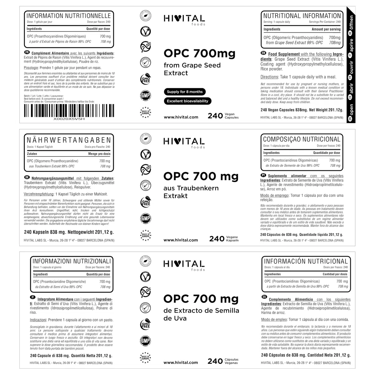 OPC Estratto di Semi d'UVA 700 mg. 240 capsule vegane per 8 mesi di trattamento. Estratto di Semi d'UVA 99% OPC. Prodotto in Europa da HIVITAL