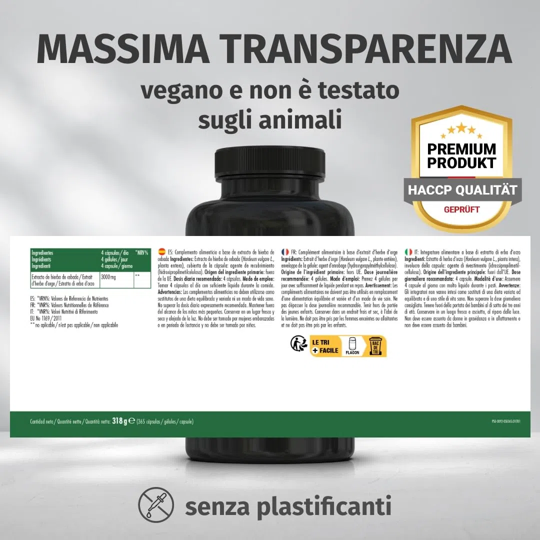 Green Naturals® Orzo verde in capsule naturale e pura - Dosaggio elevato: 3.000 mg con estratto 10:1-365 capsule (3 mesi) - Qualità premium dalla Germania - Vegane e testate in laboratorio
