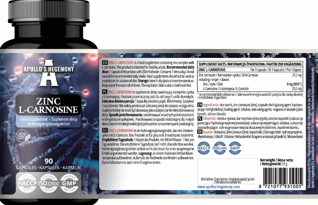 Zinco L-Carnosina 37,5 mg per capsula - 90 capsule vegane - 3 mesi di fornitura - Per la salute di pelle, capelli e unghie - Integratore da Apollo's Hegemony