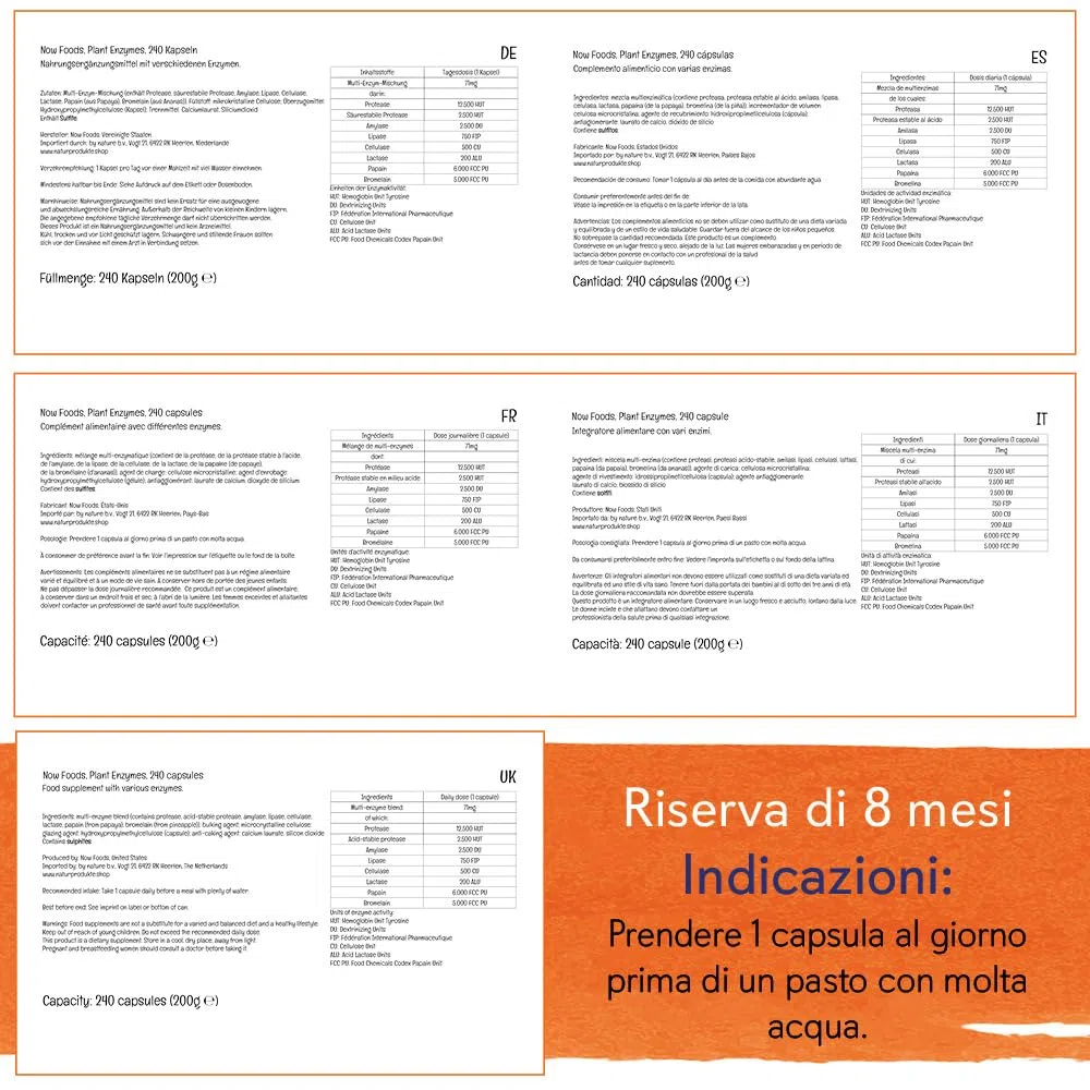 Now Foods, Plant Enzymes (enzimi vegetali), miscela di enzimi, 240 capsule Vegane, Testato in Laboratorio, Senza Glutine, Senza Soia, Vegetariano