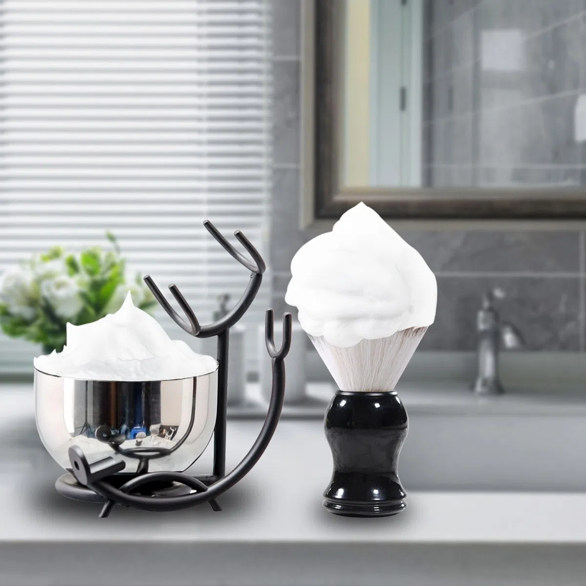 Grandslam Set di Pennelli da Barba Premium, 3 in1 Pennelli da Barba da Uomo, Supporto e Ciotola in Acciaio Inox, Kit Tradizionale per Rasatura a Umido, Set da Barba Manuale per Regalo da Uomo (Nero)