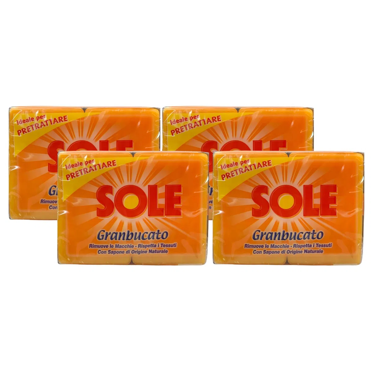 Sapone Sole GRANBUCATO, Ottimo Per Prettattare, Rimuove Le macchie, Rispetta i Tessuti, Con Sapone Di Origine Naturale 500g (4 Unità)