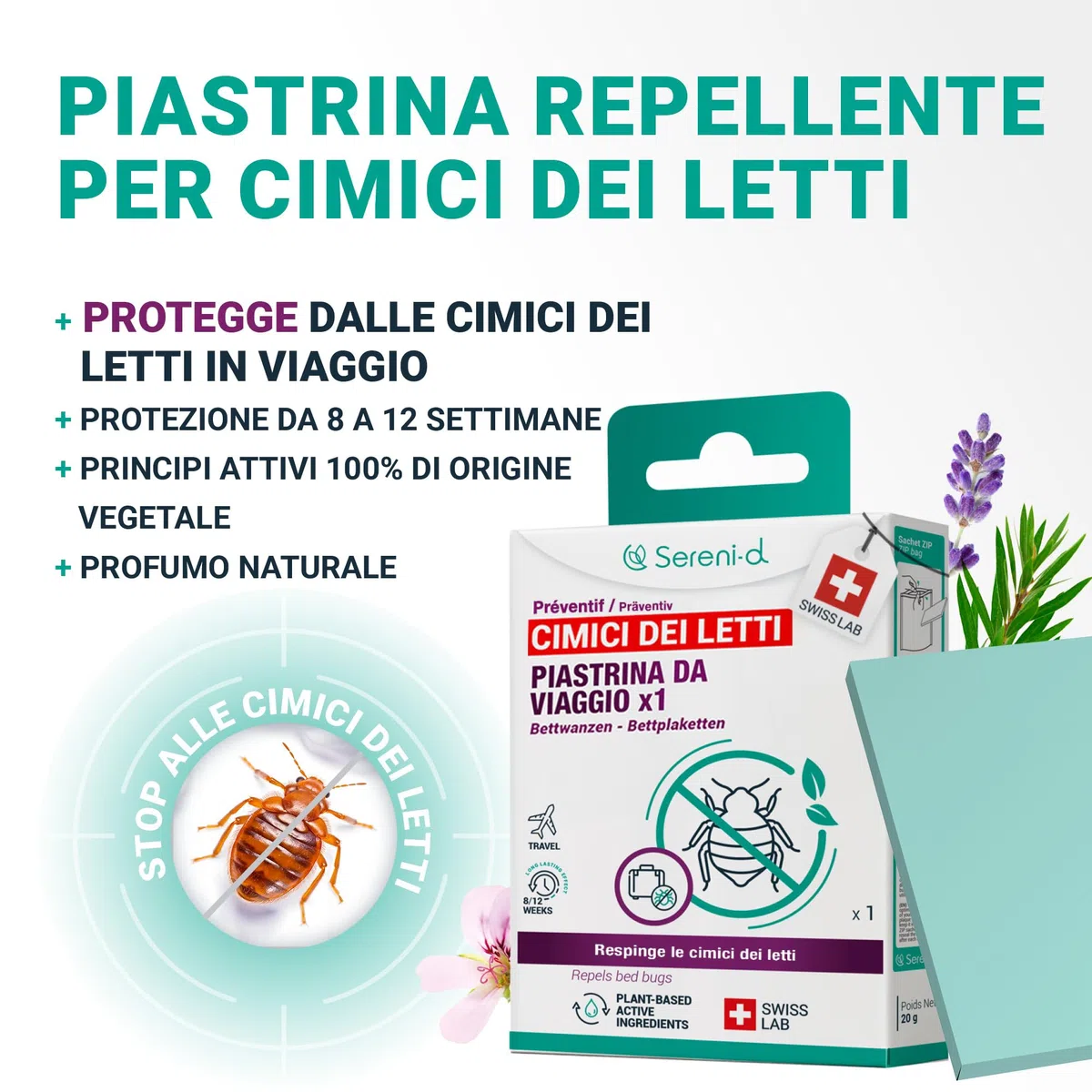 PIASTRINA DA VIAGGIO Repellente CIMICI DEI LETTI - Protegge il Tuo Bagaglio dalle Cimici dei Letti - Alta Efficacia Preventiva - Sereni-d SWISS LAB