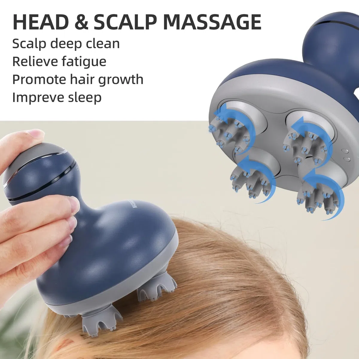 Massaggiatore elettrico per testa e cuoio capelluto, massaggiatore impermeabile con 4 teste, 84 nodi per la crescita dei capelli e massaggio antistress blu