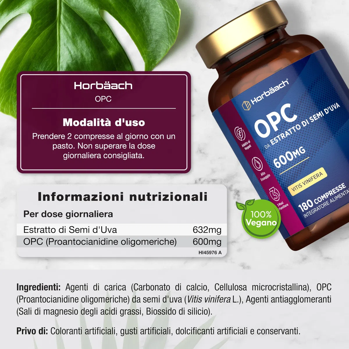 OPC Integratore | 180 Compresse Vegane | Proantocianidina Oligomerica 95% | 600mg di OPC Estratto di Semi d'Uva | Alto Dosaggio | Grapeseed Extract | di Horbaach