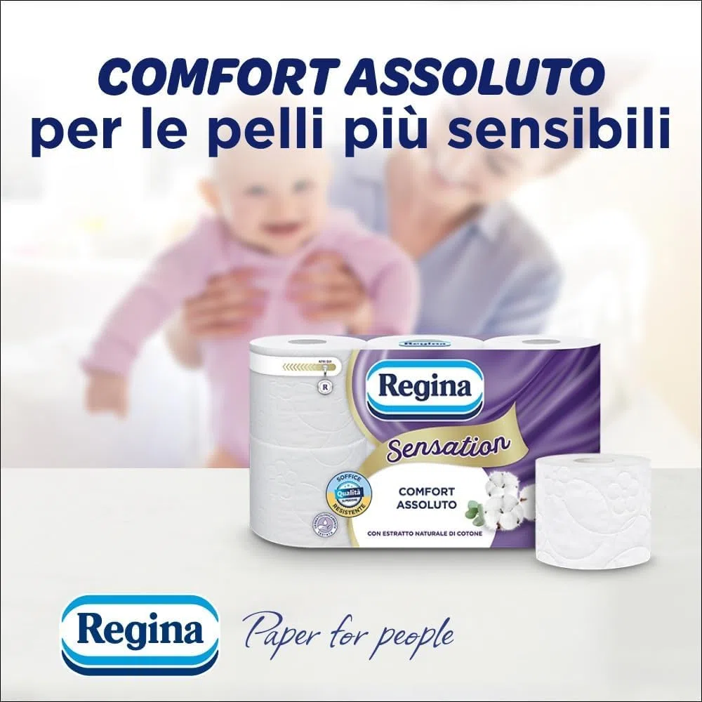 Regina Sensation - 42 Rotoli di Carta Igienica, 160 Soffici Strappi a 3 Veli, Morbida e Resistente, Con Estratto Naturale di Cotone, 60% Plastica Riciclata