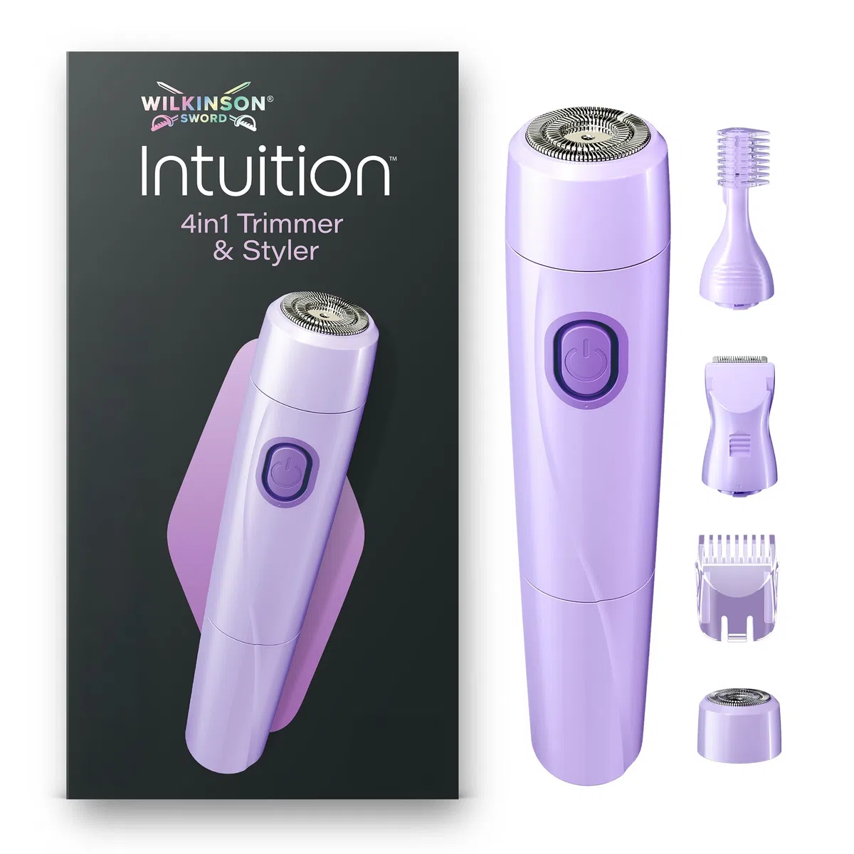 Wilkinson Sword Intuition 4in1 regolatore e regolatore peli viso e corpo donna, rasoio elettrico multizona da donna con 4 accessori, astuccio, spazzolina per la pulizia e 1 batteria AA