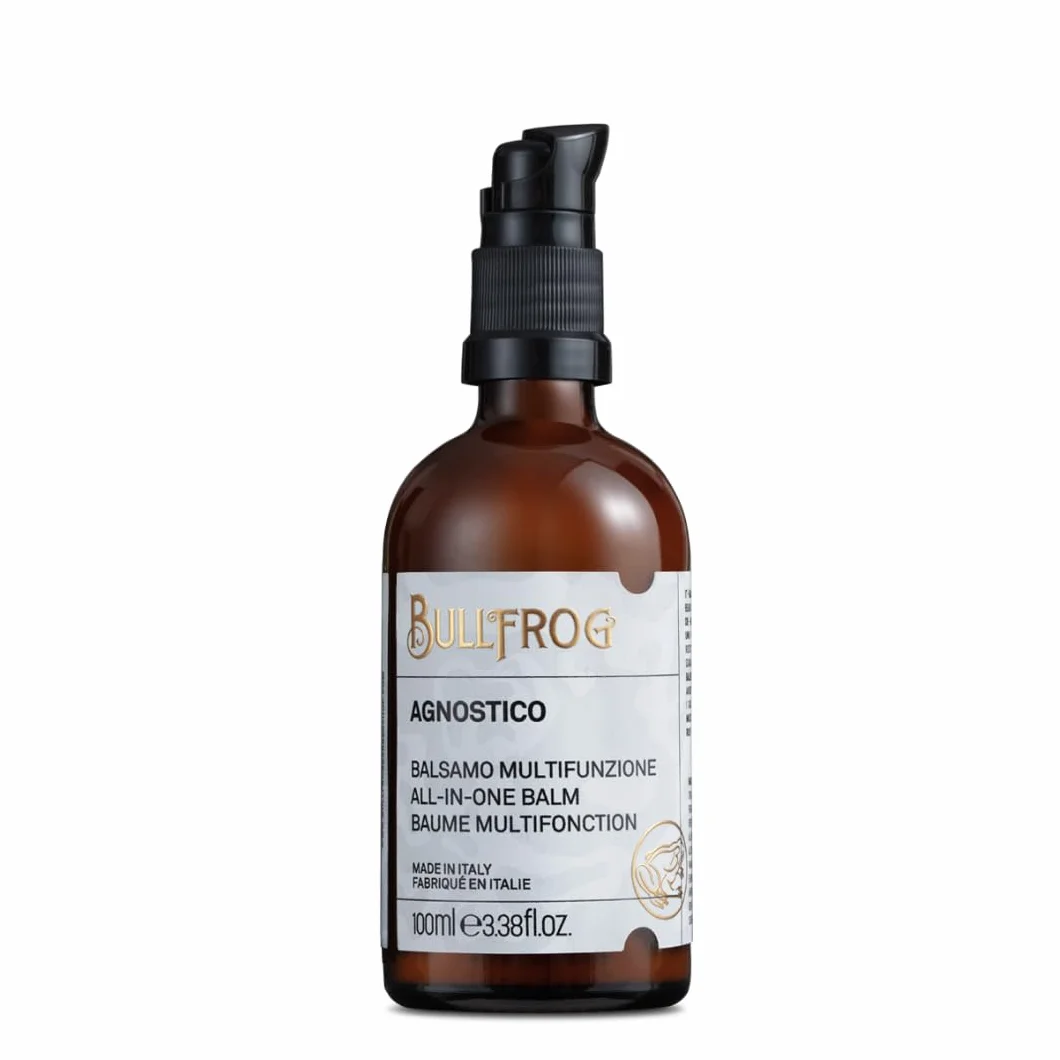 Bullfrog - Agnostico Balsamo Barba Multifunzione, Ideale per Nutrire e Idratare la Barba, Protegge dalle Irritazioni, Fragranza con Note di Anice, Cuoio, Tabacco e Bay Rum, Made in Italy, 100 ml