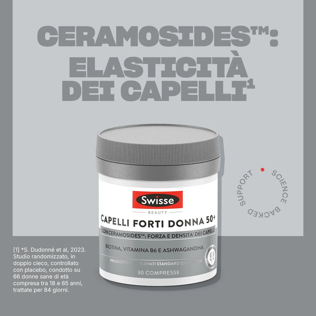SWISSE Capelli Forti Donna 50+ - Integratore per Capelli Donna con Biotina Ceramosides Vitamina B6-30 Compresse, Pre-Menopausa e Menopausa Integratori Regolazione Attività Ormonale - Made in Italy