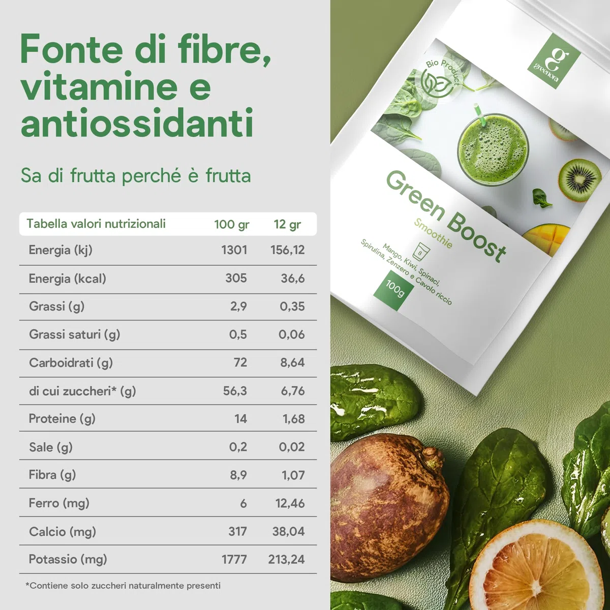 GREENORA Polvere di Spirulina, Spinaci, Zenzero, Cavolo Riccio, Mango e Kiwi per Smoothie. Frutta e Verdura Liofilizzata 100% Naturale. Vegan. 100g