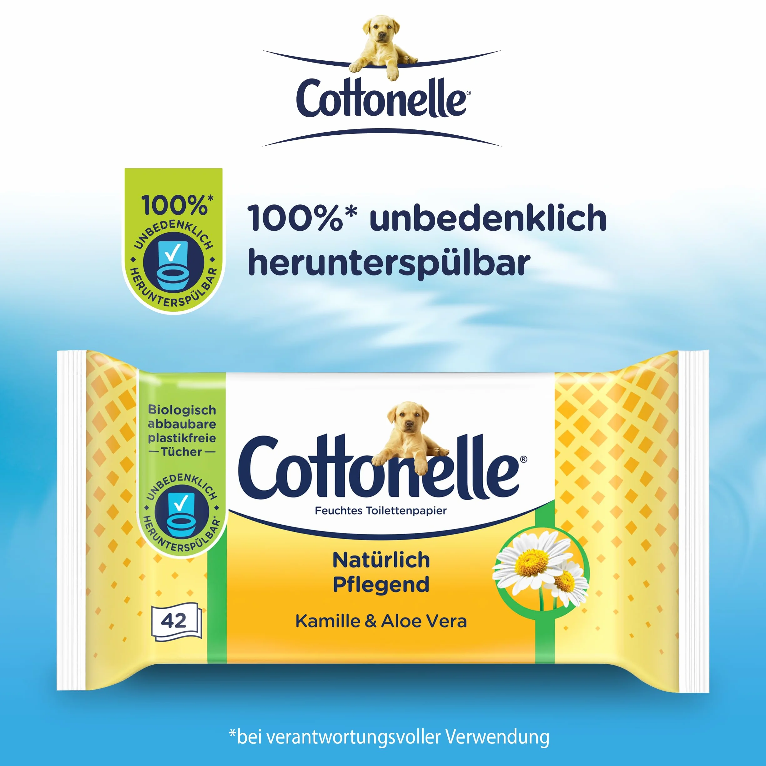 Cottonelle Carta igienica umida, naturale nutriente, camomilla e aloe vera, biodegradabile, senza plastica, richiudibile, confezione conveniente, 12 x 42 salviettine umidificate
